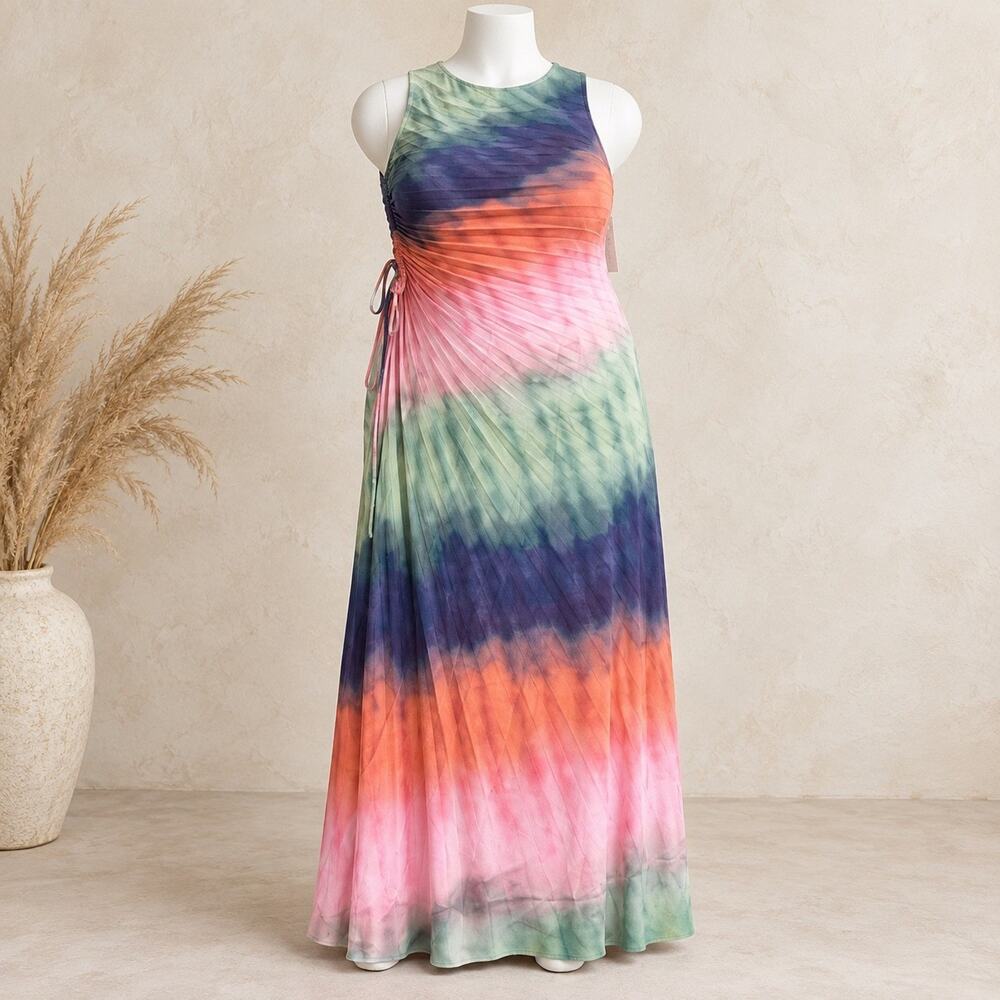 City Chic Maxi Aliza Dress Sunset Ombre Tie Dye Pleated Ruched Gown Size 18 M